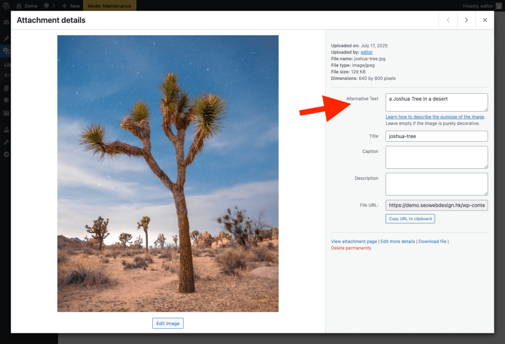set the alt-text in wp